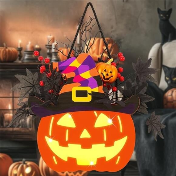 Halloween Pumpkin Lighted Jack-O-Lantern with Maple Leaves...